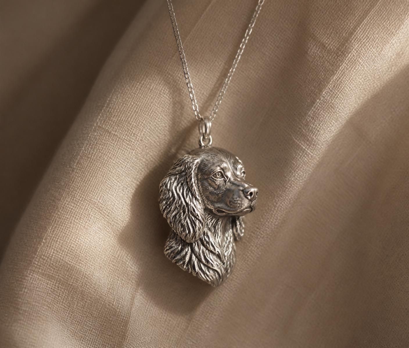 Detailed silver spaniel pendant catching the light